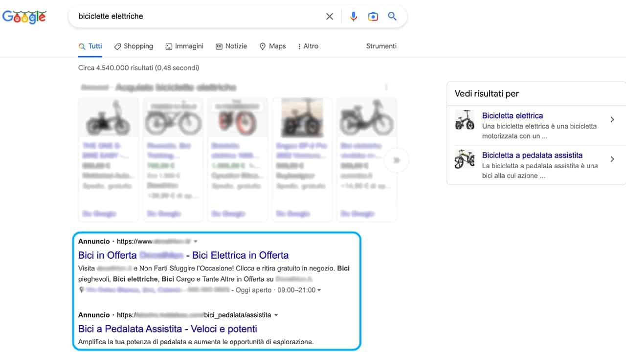Esempio pubblicità su google campagna rete di ricerca