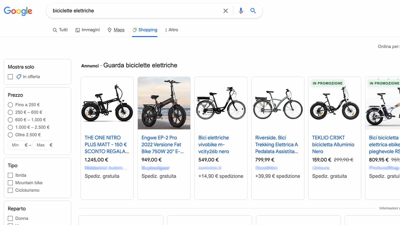 Esempio pubblicità su google campagna shopping